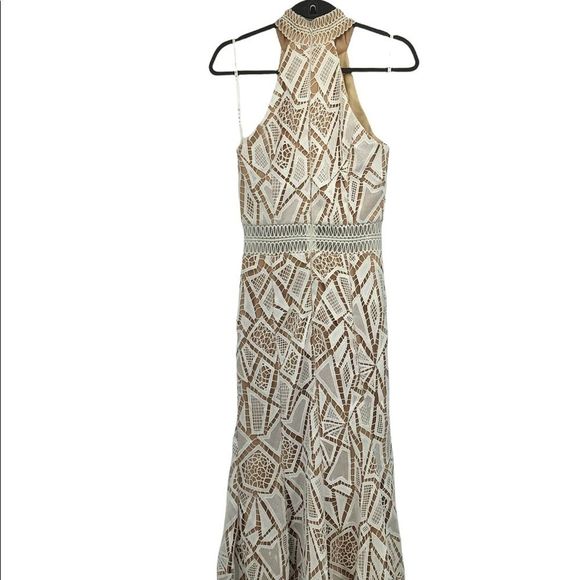 Jarlo Spring Ivory Nude Lace Illusion Flounce Halter Long Dress New With Tag 6 - Picture 5 of 11